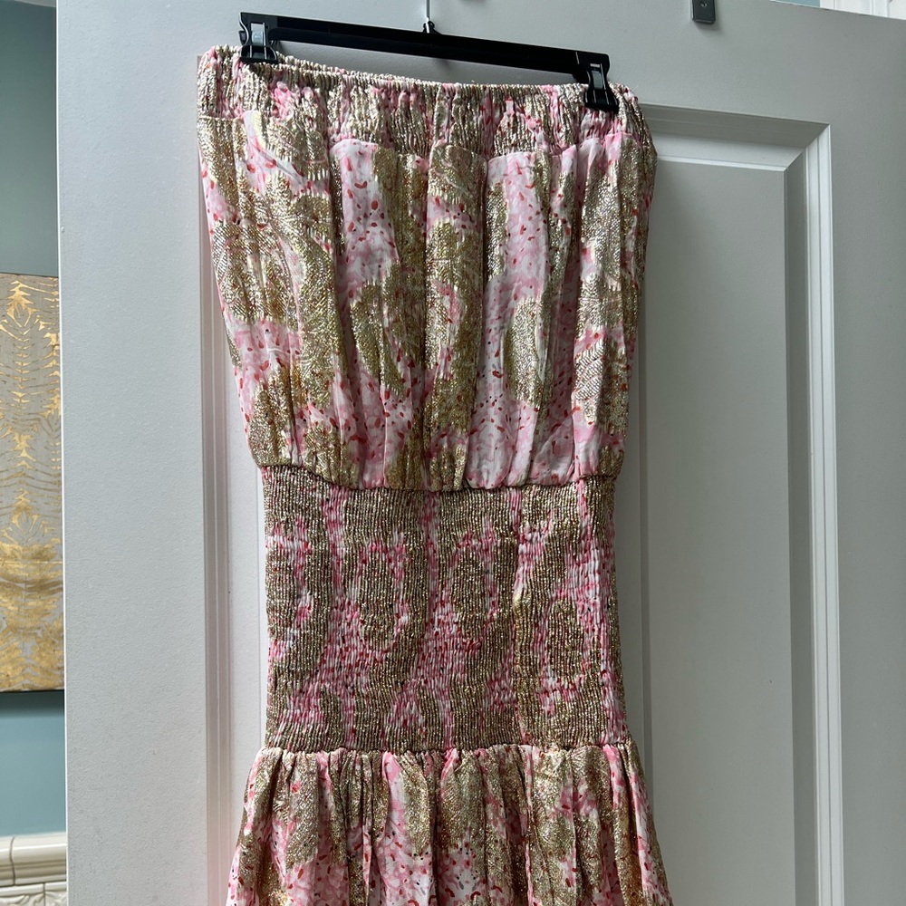 Muche & Muchette strapless smocked waist dress metallic gold and pink.